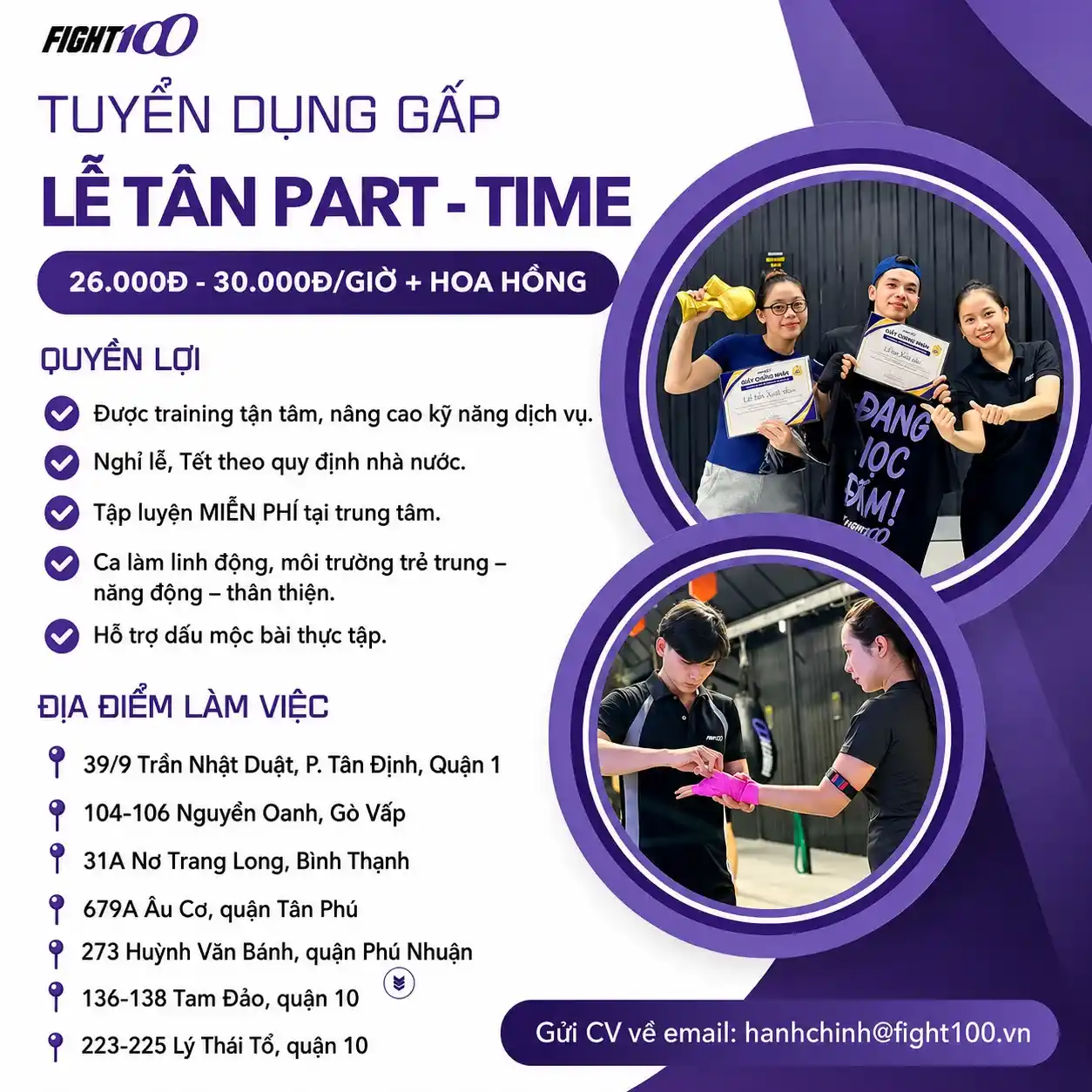 Tuyển dụng nhân viên lễ tân part-time tại Fight100